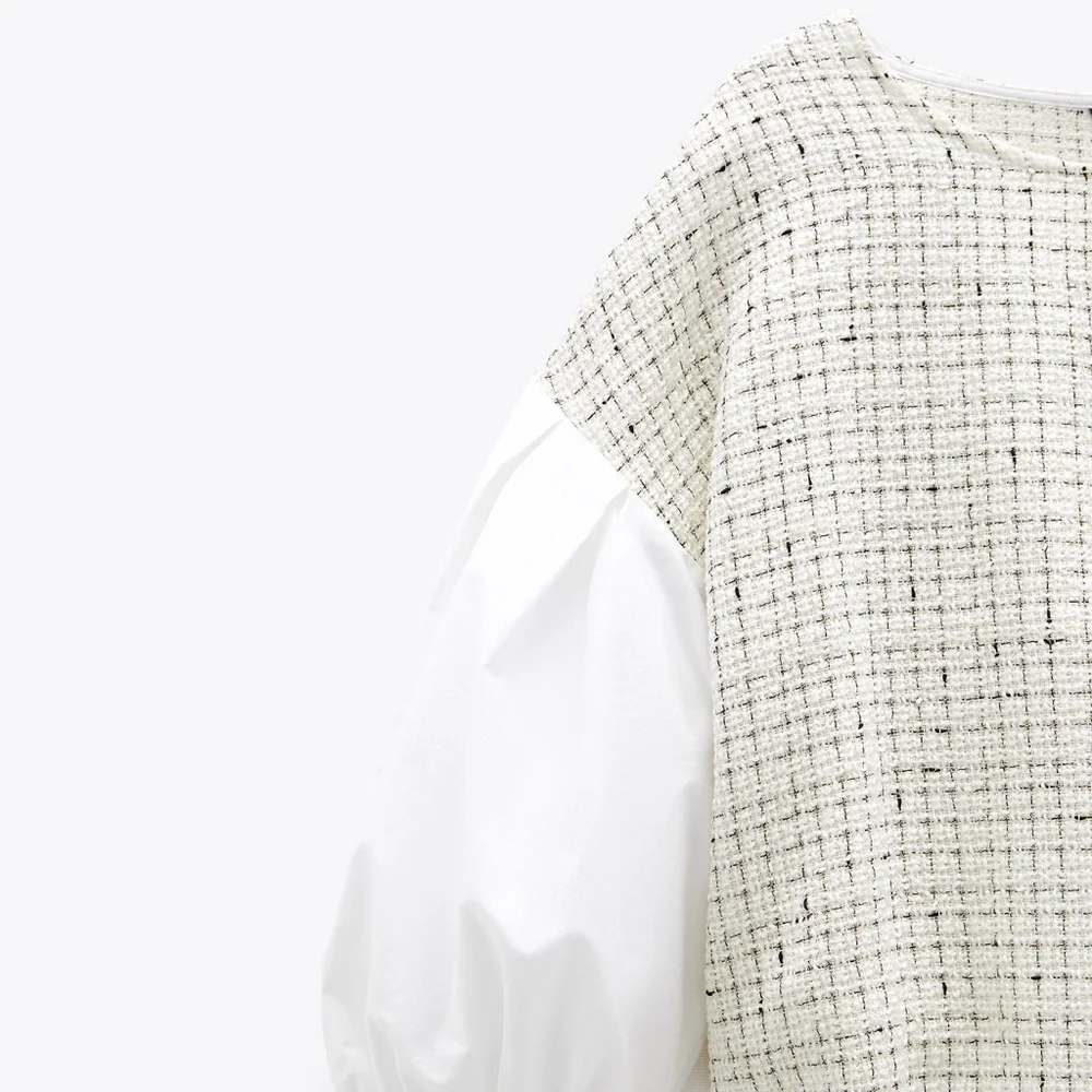 Zara Contrast Textured Tweed and Poplin Top. Size XS